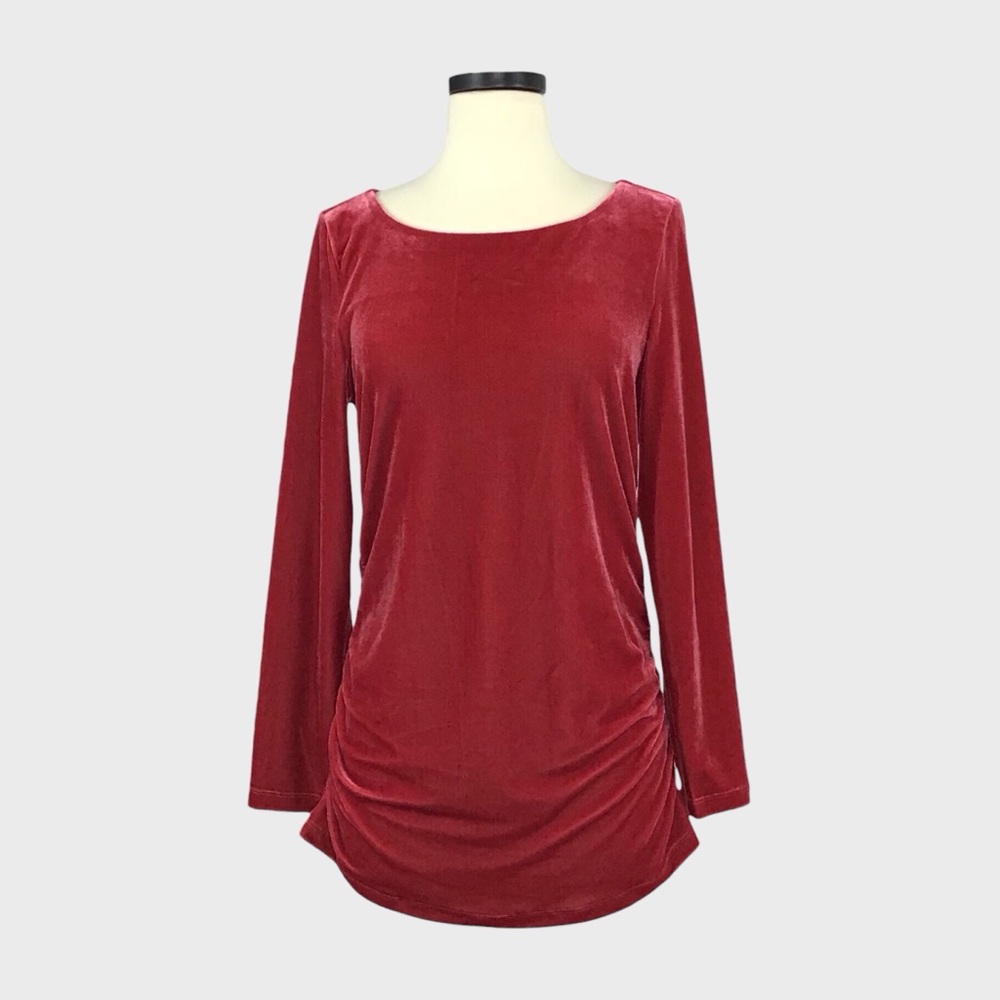 Soft Surroundings Red Stretch Velvet Ruched Long Sleeve Top
